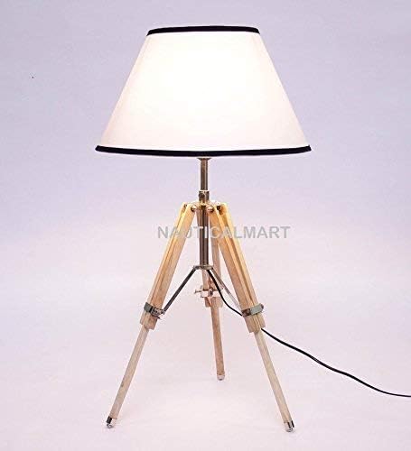 NauticalMart Designer Natural Wood Tripod Table Lamp with Free Chrome Spike