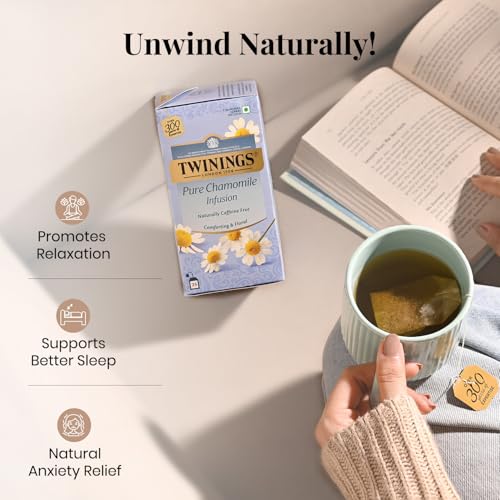 Image of Twinings Pure Chamomile Tea, 25 Tea Bags| Caffeine-Free| Flower Based Infusion| Relieves Anxiety| Promotes Good Sleep| Made With Finest Ingredients| Enjoy as Hot or Iced Tea | Pack of 1