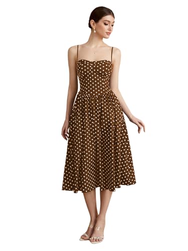 Women's Polka Dots Flared A Line Dress Spaghetti Strap Flowy Midi Vintage Party Dresses