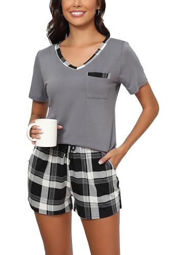 Yukiuiny Women's Cotton Short Sleeve V Neck Pyjama Set with Drawstring Waist and Pockets Summer Loungewear-V Neck/A Grey Black/XXL