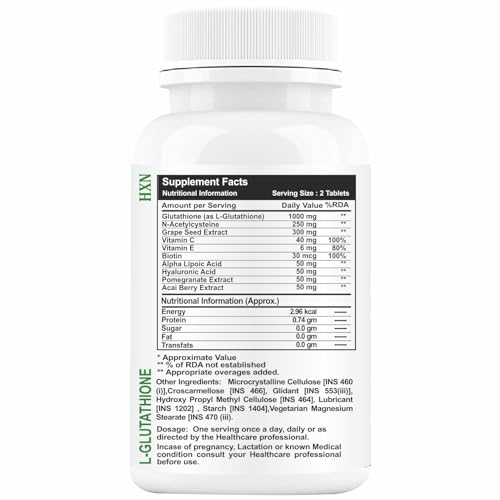 HXN Glutathione Tablets for Women | L-Glutathione Vitamin C, NAC, Hyaluronic Acid, Biotin & Collagen | Skin Health & Brightening Support | Whitening Antioxidant Supplement -90 Glutathione Tablets