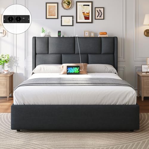 Brinlawb Polsterbett 140x200 cm mit Hydrauliksystem, Bettgestell 140x200 cm mit Steckdosenleiste und höhenverstellbarem Kopfteil, Bett 140x200 mit...
