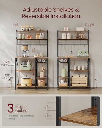Image of VASAGLE Bakers Rack with Power Outlet, 35.4 Inches Microwave Stand, Coffee Bar, 4 AC Outlets, with Adjustable Shelves, 8 S-Hooks, Basket, Spice Racks, Rustic Brown and Ink Black UKKS031K01