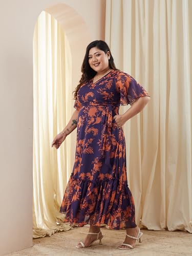 Image of Miss Chase A+ Women's V-Neck Three-Quarter Sleeve Floral Wrap Chiffon Midi Dress