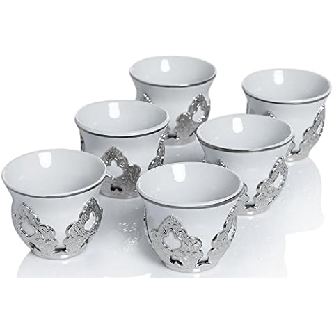 LaModaHome Espresso Coffee Cups with Removable Metal Holder Saucers Set of 6 , Porcelain Turkish Arabic Greek Coffee Cups for Women, Men, Adults. Cappuccino Cups for Latte - Silver Color Cover