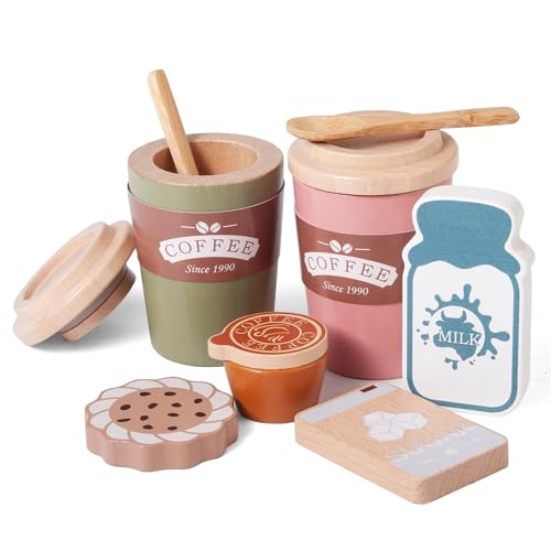 Donmills Ensemble de jeu à café Montessori en bois pour enfants, accessoires de cuisine avec tasses à café, expresso et lait, jouet de cuisine pour tout-petits garçons et filles, cadeau d'anniversaire