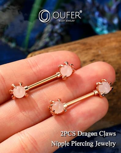 OUFER 14G Nipple Rings - 316L Surgical Steel Piercing Jewelry, 2PCS Pink Opals Surrounded by Dragon Claws Barbell3