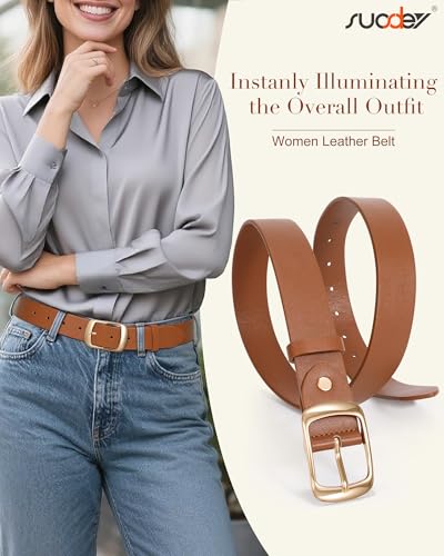 Image of SUOSDEY Fashion Womens Leather Belt, Soft Waist Belt with Pin Buckle for Jeans Pants,width 1.3 inch, 08-brown (Gold Buckle), Small: fits waist from 25 inch-30 inch