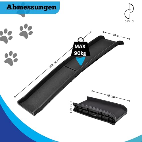 DIVID® Hunderampe Klappbar, Hundetreppe, Hundeautorampe, kofferraumrampe für Hunde und Katzen, bis zu 90 Kg Belastbarkeit, rutschfest und Stabil, Einstiegshilfe, Auto