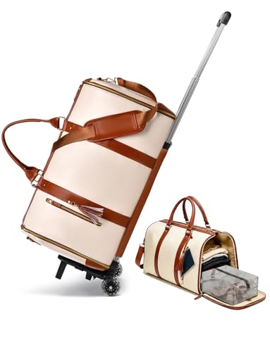 BSAKG 3 in 1 Convertible Garment Duffle Bags for Travel 45L Smooth Zipper Rolling Duffle Bag With Wheels Waterproof Carry On Duffle Bag for Men&Women with Weekends Weddings Business Short Trips Beige