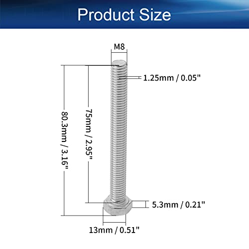 Image of Bettomshin 10Pcs M8 x 75mm Hex Bolts, 304 Stainless Steel 1.25mm Thread Pitch Fully Threaded Metric Hex Head Screw Bolts, Hexagon Screw Bolt, Hex Tap Bolts, Silver, A2-70 (Overall Size 80.3x13x13mm)