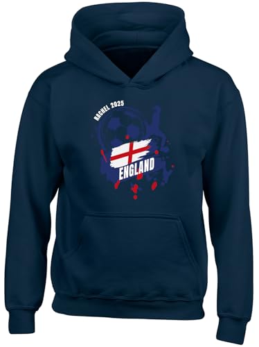 Image of Shopagift Personalised England Football Supporter Fan 2025 Kids Hoodie Hoody Hooded Top Boys Girls Navy Blue