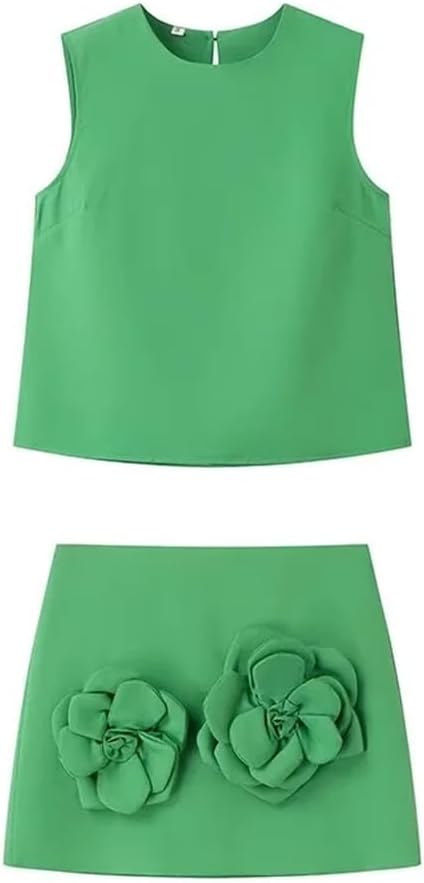 THLAI Summer Women 2 Piece Skirt Sets Sleeveless Crop Tank Top and Mini Skirt Matching with 3D Flower Sexy Short Sets