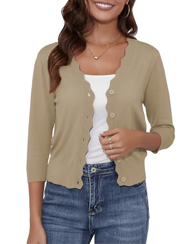 Image of Women's Cropped Cardigans 3 /4 Sleeve Button Down Lightweight Cardigan Sweaters Scalloped Edged Bolero Shrugs