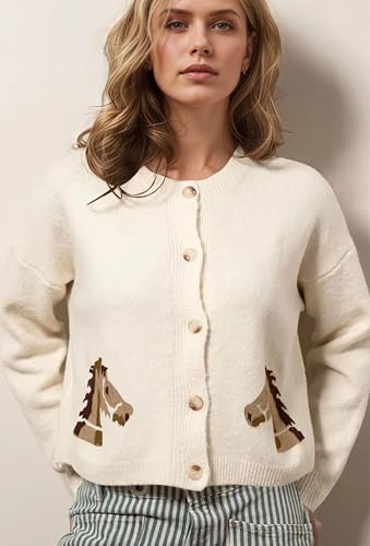 Women Horse Graphic Printed Button Down Crop Sweater Cardigan Long Sleeve Crew Neck Knit Casual Cropped Cardigans3