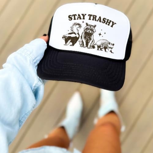 Image of Stay Trashy Funny Raccoon Graphic Classic 5 Panel Mesh Snap Back Trucker Hat