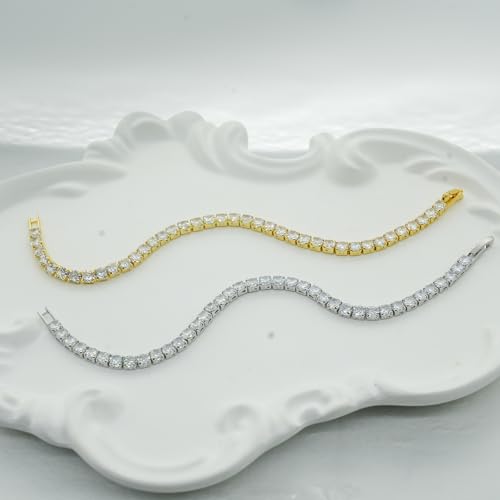 18K Gold/Silver Plated 4mm High Carbon Diamond Classic Tennis Bracelet,Stainless Steel Silver Chain for women,size 7.5inch,Gold Bracelets jewelry for women3