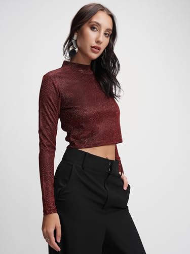 Image of Tokyo Talkies Women's Shimmer High Neck Crop Top | Fitted Full Sleeves | Glamorous & Trendy | Perfect for Parties & Night Out | Tops for Woman | Women Tops | Stylish Top