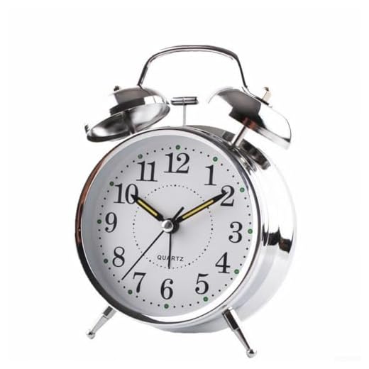 Twin Bell Alarm Clock, Double Bell Alarm Clock with Luminous Hands and Hour Dots, Chrome Electroplated Metal Case, Classic Retro Bedside Table Clock for Bedroom Office Decor, Battery Operated Silver