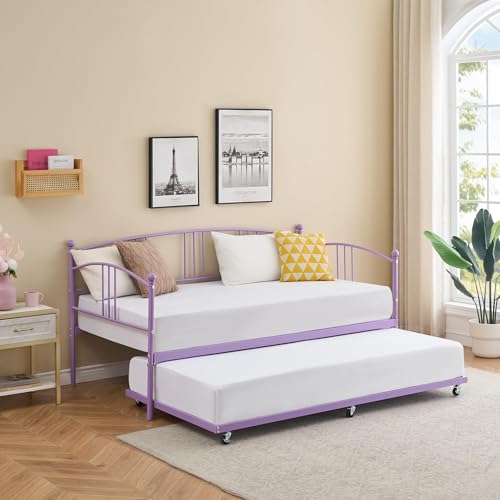 Garvee Twin Metal Daybed with Trundle, Pullout Trundle Bed Frame with Arched Headboard, Guest Sofa Bed with Steel Slat Support, No Box Spring Required, Easy Assembly, Purple Purple Twin