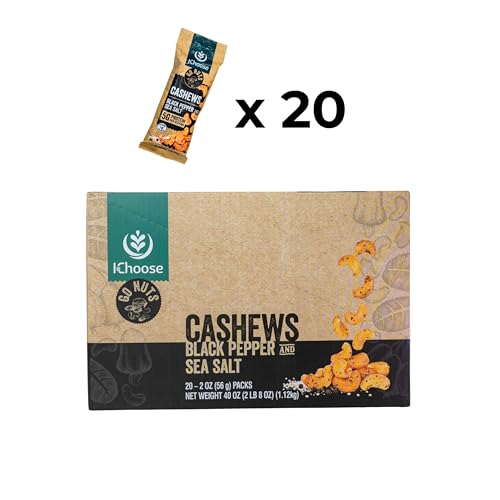 Image of IChoose Go Nuts - Premium Cashews, High Protein Plant-Based Snack, 2 oz per Pack (20 Packs, Black Pepper and Sea Salt)