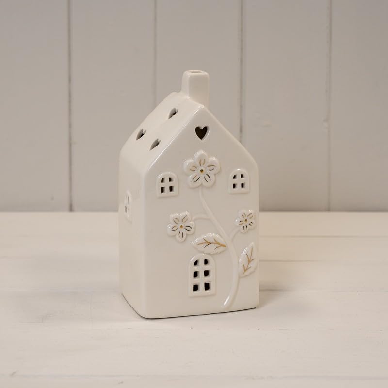 Ceramic White House LED Light Up Ornament Glazed Textured Heart Cutout Flower Festive Night Light Christmis Decoration (Large House)