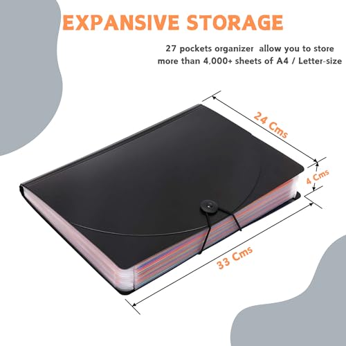 Image of 27 Pocket File Organizer & A Pen, A4 /Letter Size Portable Accordion Files & Folders, Expanding File Folder, Document Organizer Bag (Black, 27 Pocket Expandable File Folder, 27)