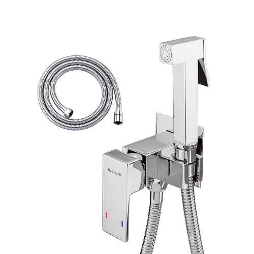 Ibergrif M22009 Grifo Monomando Empotrado para WC y Bidé – Agua Caliente/Fría, Ducha de Mano, Soporte Mural y Manguera Inoxidable 1,2 m, Plata