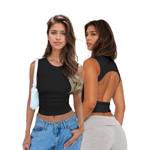 EMOTTOS Camiseta sin Mangas para Mujer, Sexy Y2K Crop Top sin Espalda con Hombros Descubiertos Ajustada Camiseta, Slim Fit Top con Cuello Redondo del Partido de Verano Streetwear, Negro, L