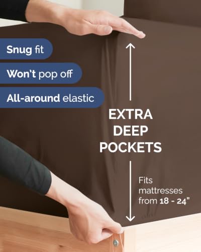 Image of Extra Deep Flex Top Split Head King Fitted Sheet - Hotel Luxury Single Fitted Sheet Only - Easily Fits 18 inch to 24 inch Mattress - Ultra Soft, Wrinkle Free w /Extra Deep Pockets - Brown
