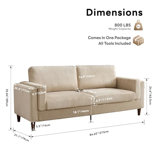 Tbfit 85" Corduroy Couch for Living Room, 3 Seater Mid Century Modern Sofa with Spring Cusions & Extra Deep Seat for Bedroom, Small Comfy Upholstered Couches Easy Assembly with Solid Wood Legs, Beige - Image 3