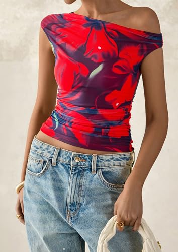 PRETTYGARDEN Women's Off Shoulder Tops 2025 Summer Floral Mesh Going Out Crop Tank Tops Asymmetrical Tight Y2K Shirts Clothes