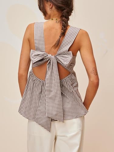 Amiblvowa Women Gingham Peplum Tank Square Neck Babydoll Tops Y2K Cute Bow Tie Back Sleeveless Vest Shirt Going Out Top3