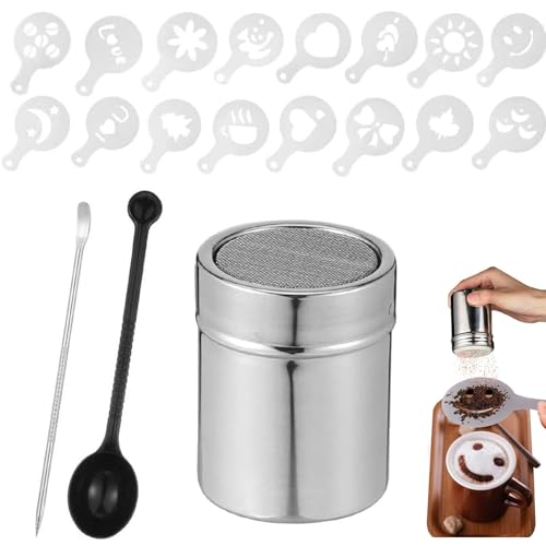Edelstahl Puderzuckerstreuer,Schokoladenstreuer,Kakaostreuer für Cappuccino mit 16 Barista-Schablonen + Messlöffel + Barista Stift,Kaffeezubehör Werkzeuge für Kaffee Cappuccino Heiße Schokolade