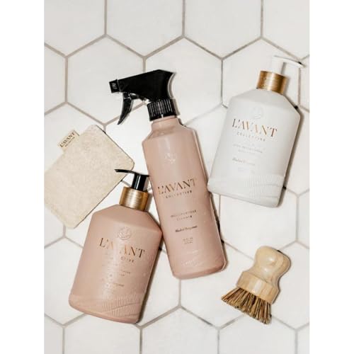 Image of L'AVANT Collective Luxury Home Essentials High Performing Dish Soap, Hand Soap, Multipurpose Cleaner Spray, Scrub Brush, Lucite Tray Luxurious Ingredients Reusable Bottles (Blushed Bergamot)