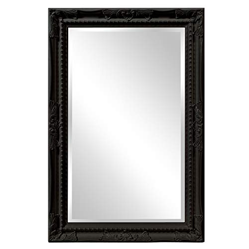 Image of Howard Elliott Collection Queen Ann Rectangular Glossy Black Wall Mirror, Rectangle Hanging Wood Framed Vanity Mirrors for Home Decor, Living Room, Bathroom, Bedroom, or Hallway, 24 x 36 Inch