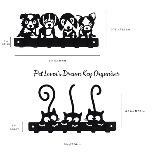 Image of Pet Lover's Combo of Wall Key Holder - Kitty & Pups Design - Premium Matte Black Finish - 6 Hook Key Organizer - Stylish Key Storage - Elegant Wall Mounted Key Rack for Home & Office | Cat Design, Includes Mounting Screws, For Home Use, 6 Hook Hanger, Metal Construction