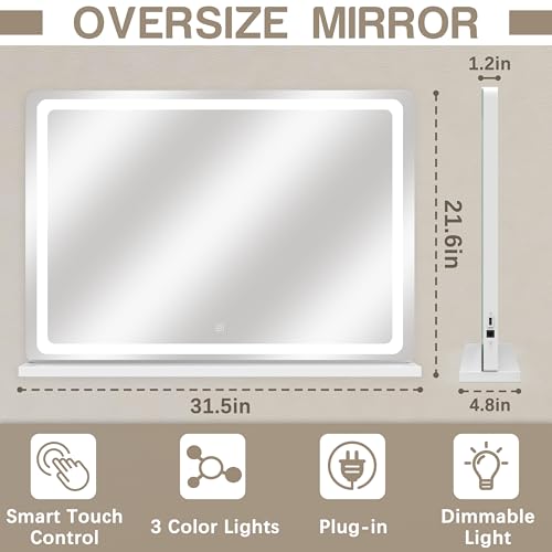 Vanity Mirror with Lights, 32" x 22" Large Lighted Vanity Mirror with Dimmable 3 Modes, LED Makeup Mirror, Touch Screen Control, USB Charging Port, Tabletop or Wall-Mounted