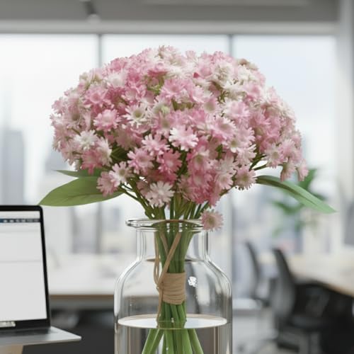 Image of Artificial Baby Breath Pink Flower Bouquet - 12 Stems, 28cm Height Faux Bunch with Green Leaves for Home, Office, Wedding & Party Decoration
