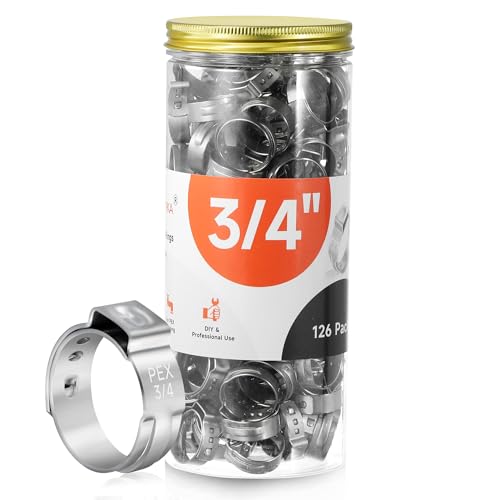 WYSIWYKA 126pcs 3/4 inch PEX Cinch Clamps Rings 304 Stainless Steel Pex Crimp Rings Heavy Duty Thickened Single Ear Hose Clamps for PEX Tubing Pipe Fitting Connections