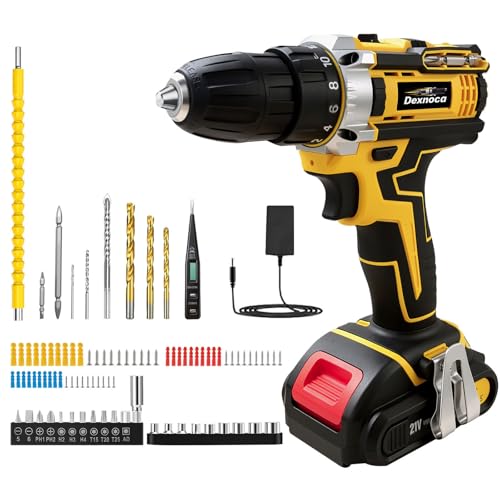 Dexnoca - Taladro inalámbrico de 21 V, 92 piezas, kit completo de taladros de alimentación de batería, taladro combinado de 45 N.m con baterías de 2.0 Ah, cargador, kit de destornillador eléctrico de