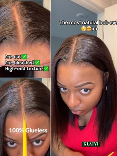 Image of KLAIYI Yaki Straight Bob Wig Bye Bye Knots Glueless Pre Everything 13x4 Lace Frontal Wigs Human Hair Pre Cut Pre Plucked Pre Bleached Put On and Go Wigs for Beginners 30S Easy to Wear Kinky Wig 12Inch