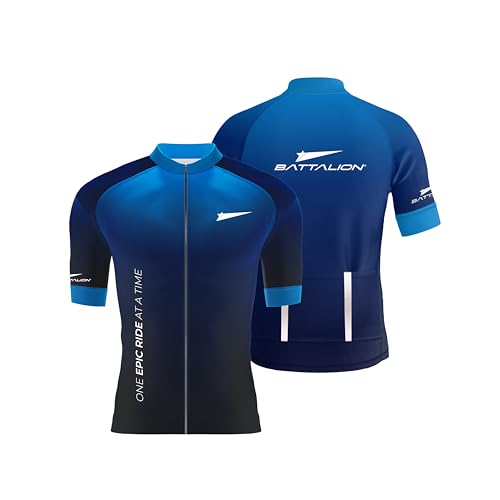 Image of Battalion Bicycle Aero Cycling Jersey | Men's Short Sleeves Cycling Jersey with Reflective Rear Pockets & Power Banded Sleeves | Cycling Wear (Blue /Large)