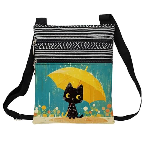 Yellow Umbrella Cat Messenger Bag Small Ethnic Pattern Printed Adjustable Strap Crossbody Zipper Bag Yellow Umbrella Cat Phone Bag Wallet Cute Shoulder Handbag for Women Friends -2