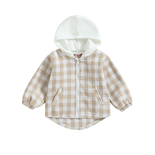 Douhoow Toddler Baby Plaid Jacket Baby Boy GIrl Flannel Hoodies Zip Up Hooded Fall Winter Outerwear Coat (Khaki, 6-12 Months)