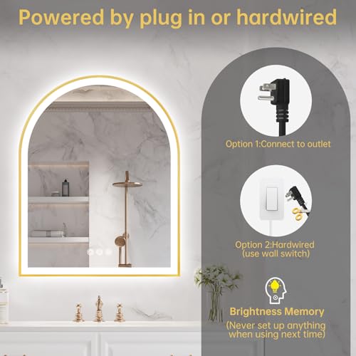Image of Arched LED Mirror for Bathroom 24 inchx30 inch, Brushed Gold Lighted Bathroom Mirror with Lights, Fogless, Dimmable, Shatterproof, Touch Sensor, 3 Color Changing