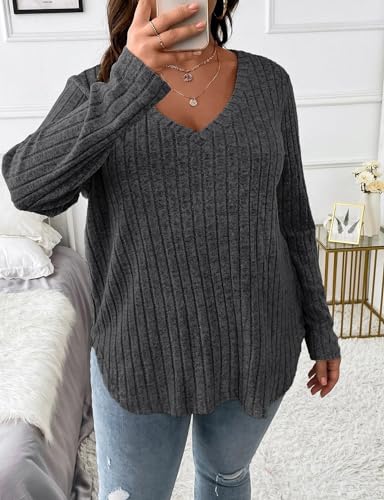 Image of Koscacy Women Plus Size Casual Knit Sweater V Neck Solid Color Tops Lightweight Long Sleeve Blouses