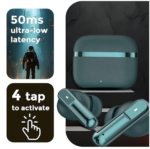 Image of Premium Wireless Earbuds, Navy Blue, IPX5 Water-Resistant, Ultra-Low Latency 50ms, Active Noise Cancellation, Smart Touch Controls, Crystal Clear Sound, Dynamic EQ,(LEATHERY Green)