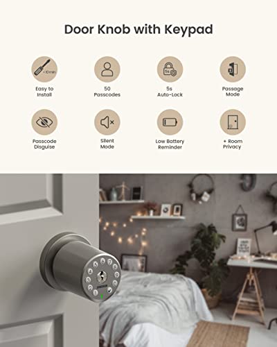 Zincker Door Knob With Keypad Lock Interior Keyless Child Proof Electronic Pin Code Door Knob 5S Auto-Lock For Bedroom Apartment Garage Office Security Space Gray #TOP1