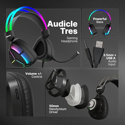 Image of Geonix Audicle Tres Stereo Wired Gaming Over Ear Headphone with RGB Light, 50mm Neodymium Driver, 2 Mtr braided Cable, Flexible mic, Extra Soft Cushion, Suspension Headband, 3.5mm+USB Connector(Black)